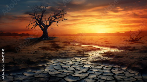 Dry bed of a meandering river, with barren, cracked soil, a barren landscape, and the silhouette of a leafless tree at sunset. Desertification because of climate change and environmental disaster