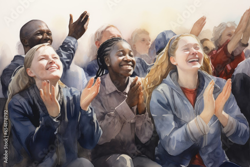 Watercolor illustration of a Group of faithful people in church singing and praying together