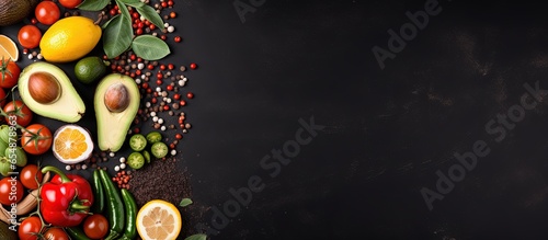 Fresh produce arranged on a black table top view