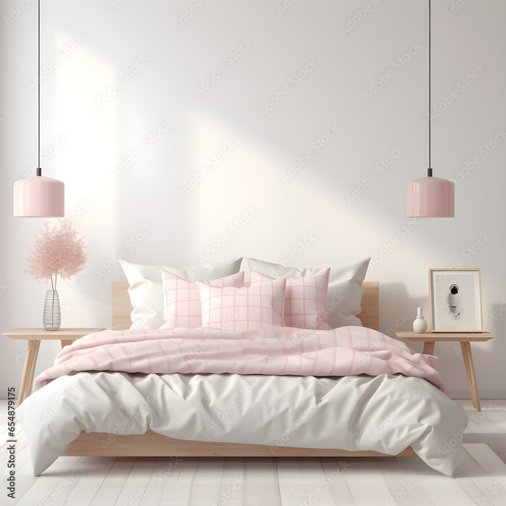 bedroom with bed Light, cute and cozy home bedroom interior with unmade bed, pink plaid and cushions on empty white wall background. bedroom with bed Light, cute and cozy home bedroom interior with unmade bed, pink plaid and cushions on empty white wall background.