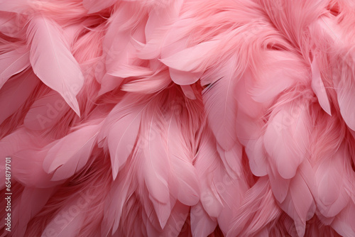 Beautiful colorful background of pink flamingo feathers, backdrop of exotic tropical bird feathers