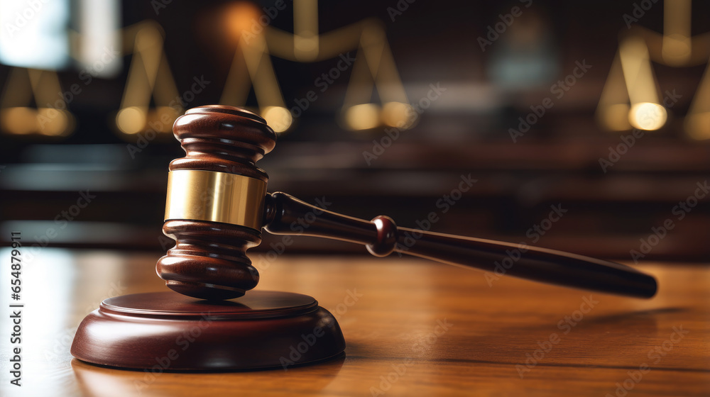Generative AI, the judge's gavel lies on the table against the background of the courtroom, court, law, jurisprudence, decision, accusation, defense, crime, jury trial, justice, administrative, civil - obrazy, fototapety, plakaty 