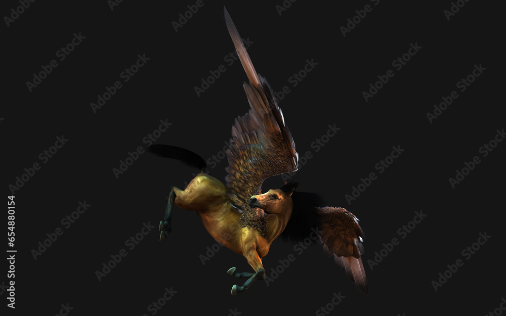 Obraz premium 3D illustration of a fantasy horse isolated on black background with clipping path.