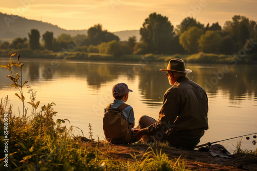 Grandfather and grandson fishing on the river, summer holidays with grandparents