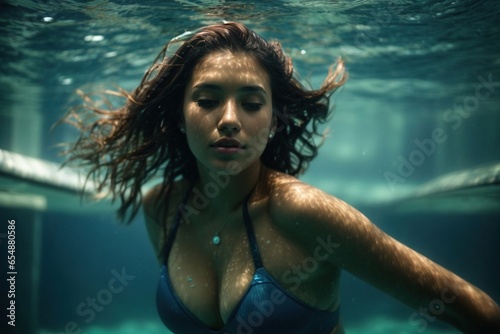  beautiful woman in blue swimming underwater