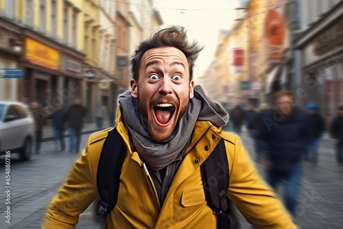 Portrait of a joyful attractive man standing with an excited expression, raising his fists, shouting, yes, celebrating his victory, success © Oleksii Halutva