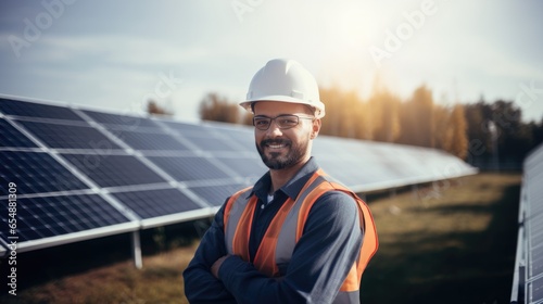 Male engineer worker examining or installing solar panels system outdoors photo