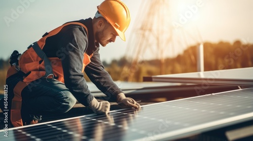 Male engineer worker examining or installing solar panels system outdoors © Oulaphone
