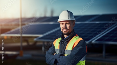 Male engineer worker examining or installing solar panels system outdoors