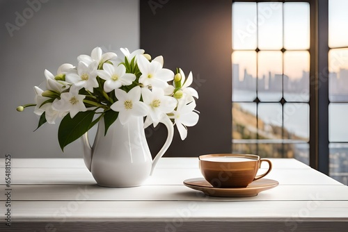White jasmine blossom flowersbouquet in a vase wit