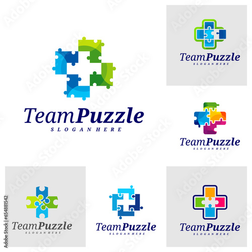 Set of Health plus Puzzle logo design vector template, Vector label of puzzle, illustration, Creative icon, design concept