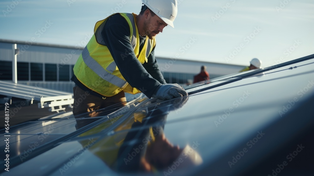 Male engineer worker examining or installing solar panels system outdoors