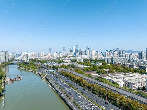 Aerial photography of modern cities, main roads in the city, green cities, ecological cities, Nanjing, China #654881720