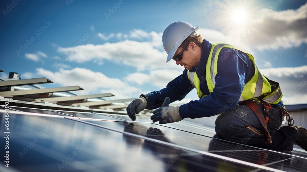 Male engineer worker examining or installing solar panels system outdoors Male engineer worker examining or installing solar panels system outdoors