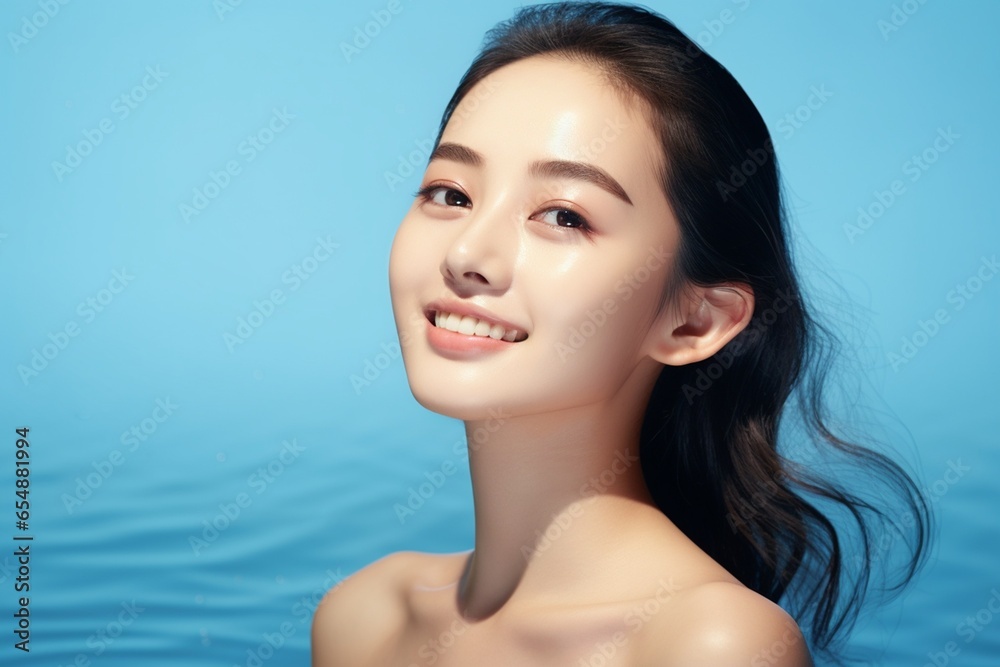 Beautiful asian woman smile with clean fresh skin on blue background. - obrazy, fototapety, plakaty 