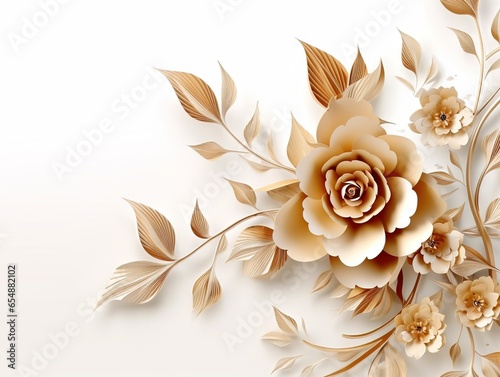 white and gold paper flowers make up a simple art piece on a white background
