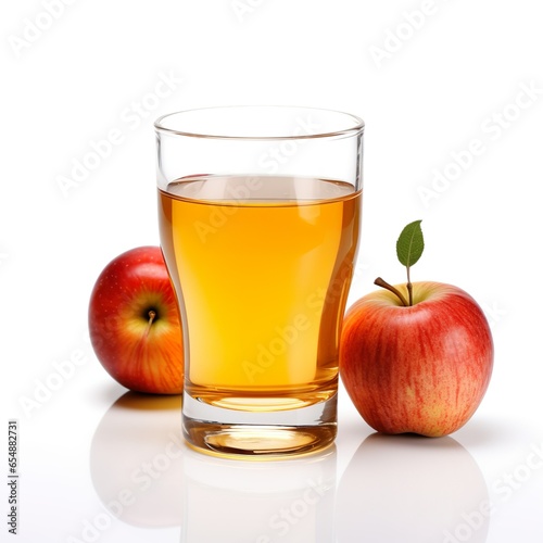 Apple juice in glass cup and fresh, covered with water drops, apple isolated on white background
