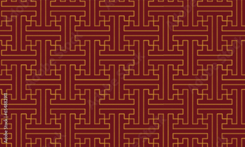 Chinese spanner or Chinese wrench geometric seamless pattern.Chinese red color background with gold lines.