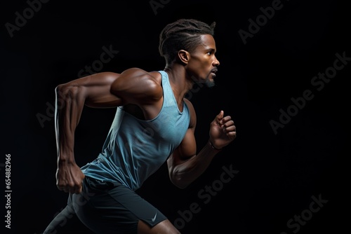 Active young african muscular speed running pose, Sport action pose in stadium running track background. Studio lighting © Wall Art Galerie
