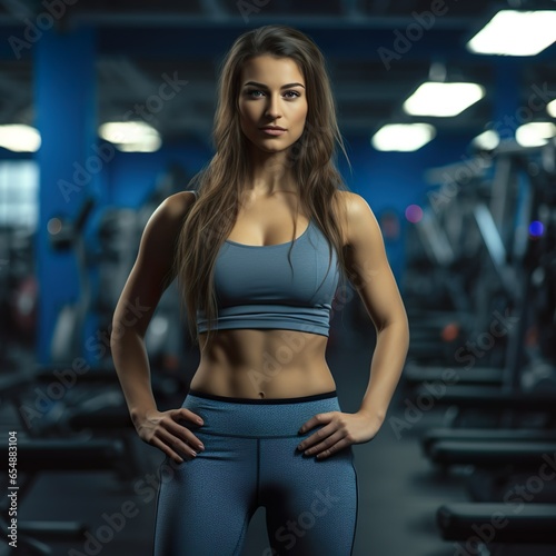 Slim young woman with athletic physique in gym