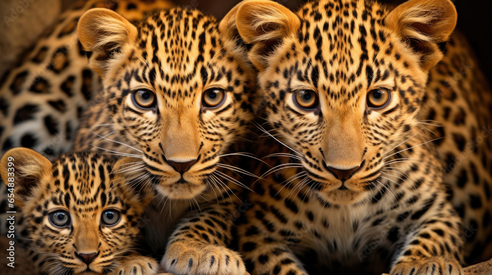 Group of young leopards close up
