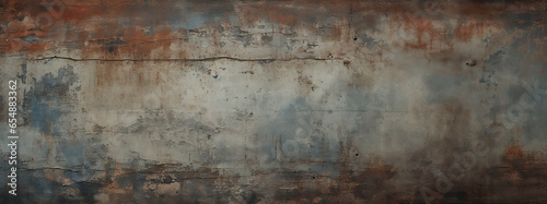old rusty metal background  surface rusted metal wall with remnants of old paint red and blue on it  panorama 