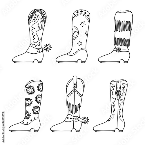 Set of retro cowgirl boots with traditional pattern, fringe, spur. Vector boots with hand drawn outline in cowboy and western style. Simple funny shoes of Wild West with ornament for print, design.