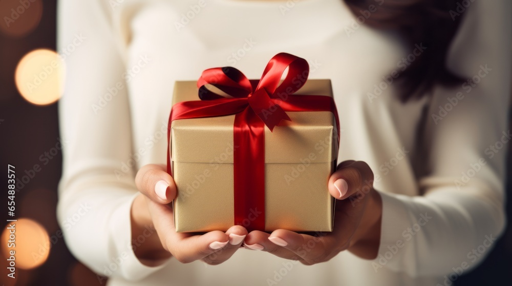 Gift box in hands with red bow