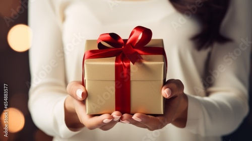 Gift box in hands with red bow © Kate Mova