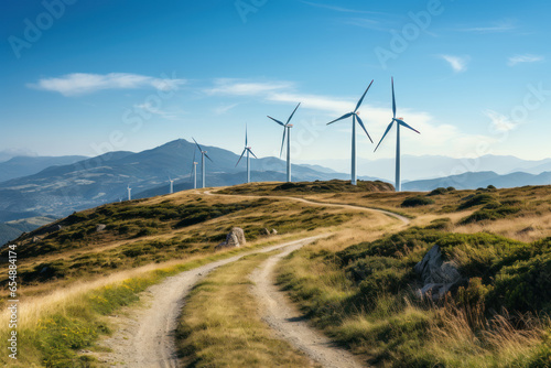 Wind turbines in a mountainous area, alternative energy sources in the mountains, green eco energy