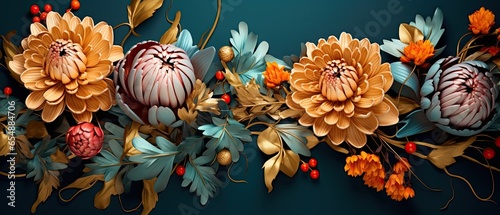 Extravagant chrysanthemums and jeweled tulips on a teal brocade surface, radiating colors of muted yellow, radiant orange, and deep teal.