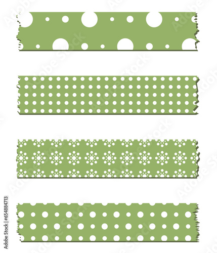 Washi tapes collection with shadows in vector. Pieces of decorative tape for scrapbooks. Set green of  ribbons. Eco, nature. Polka dot	