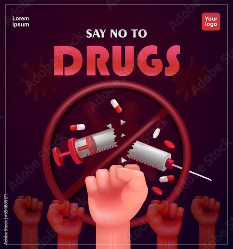 Say No to Drugs. International Day Against Drug Abuse with syringes and drugs being crushed by hand. 3d vectors suitable for health, education and events