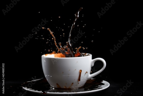 Coffee spilling from cup on black background. Generative AI