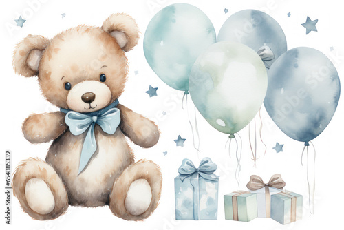 Watercolor illustration on a children's theme, a cute funny bear with gifts, flowers and balloons, pastel colors