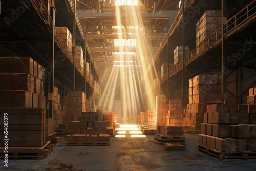 Warehouse with boxes, columns, and sunlight. Generative AI