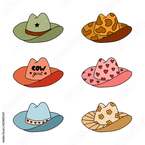 Cute set of cowgirl and cowboy hat. Sheriff hat with hearts, cow, flower print in cowboy and cowgirl western theme. Simple doodle with hand drawn outline collection for horse ranch, wild west style