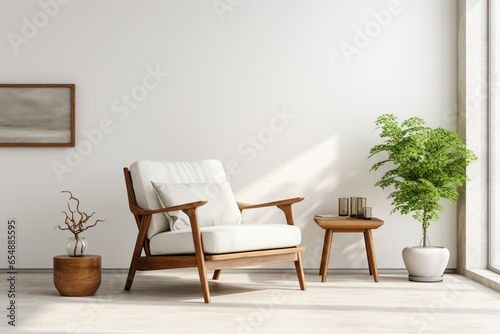 Stylish living room with elegant accessories  wooden armchair  coffee table  and a white wall for customization. Generative AI