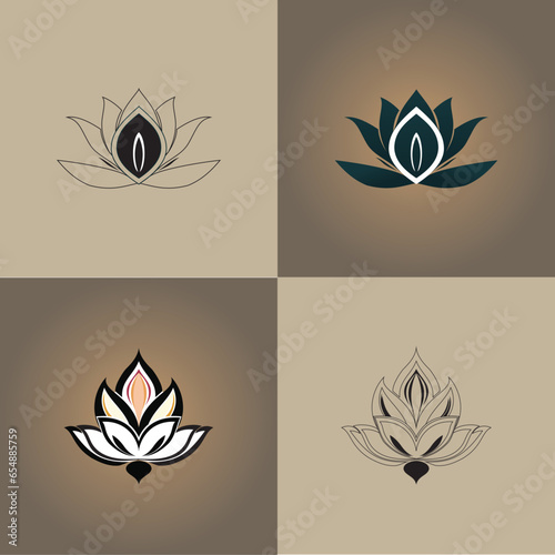 lotus logo with line art design, set of icons with leaves
