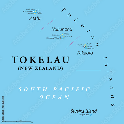 Tokelau, dependant territory of New Zealand, political map. Archipelago in the South Pacific consisting of tropical coral atolls Atafu, Nukunonu and Fakaofo. The Swains Island is territorial disputed.