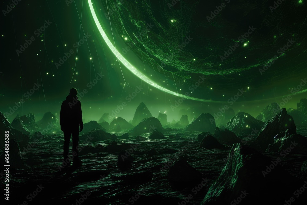 Fantasy green alien planet. 3D illustration. Generative Ai