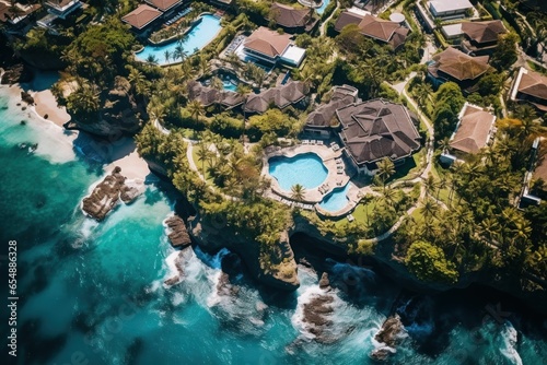 Fototapeta Naklejka Na Ścianę i Meble -   luxury resort aerial shot, exclusive tropical retreat, private beach resort drone view aerial perspective, luxury resort, turquoise sea, lush foliage, secluded coves, thatched-roof villas