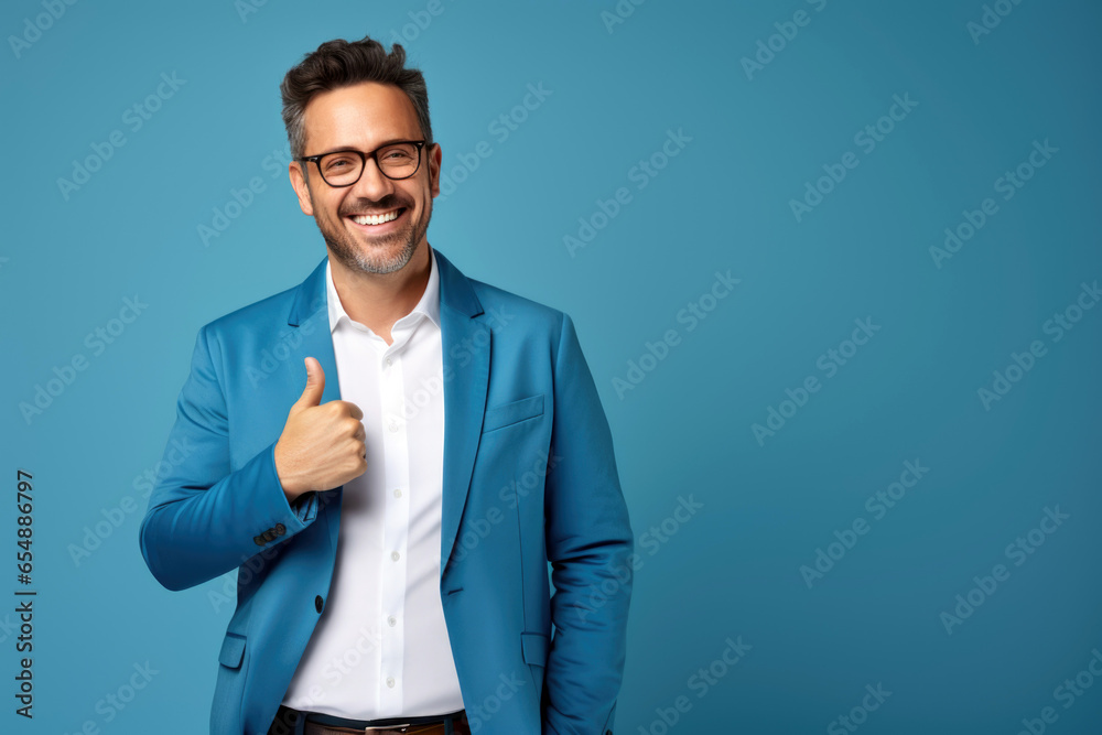 portrait of man in a blue suit and white shirt showing thumb up against blue background