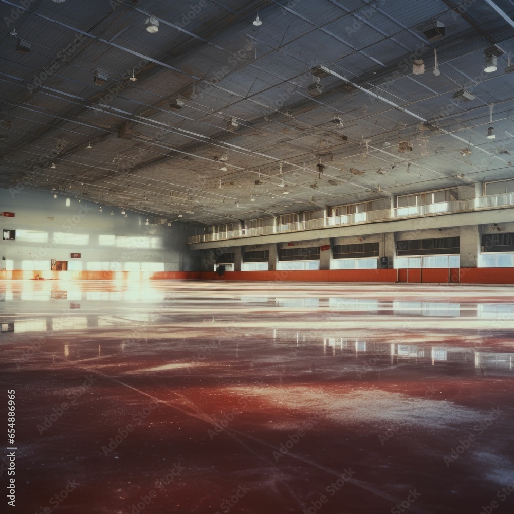 Empty indoor space, worn floor, high ceiling, fluorescent lights, large windows, industrial feel, expansive, unoccupied. Empty indoor space, worn floor, high ceiling, fluorescent lights, large windows, industrial feel, expansive, unoccupied.