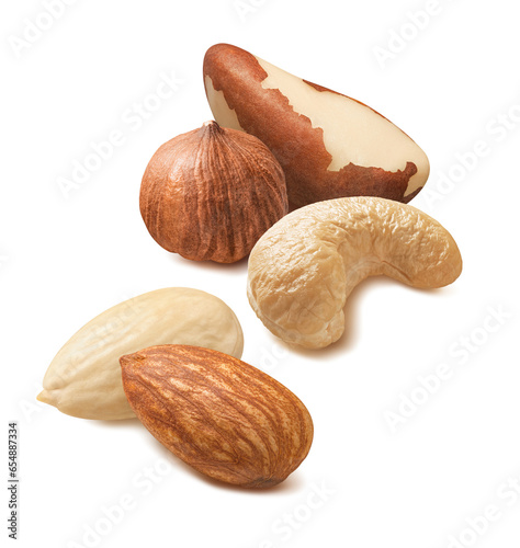 Brazil nuts, cashew, blanched almond and hazelnut isolated on white background