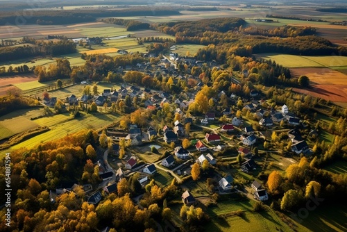 An aerial view of Czarny Las village, Piaseczno county near Góra Kalwaria city, Poland. Generative AI photo