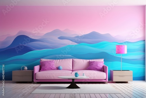 Modern living room. Gradient mountain mural: pink to blue. Sleek white floor. Minimalist furniture. Dreamy, contemporary vibe. Pink couch. © Matthew