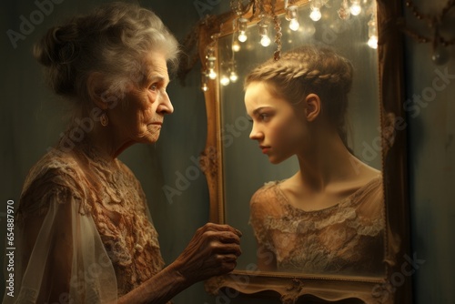 Photo of an elderly woman reflecting on her own reflection as a young girl in a vintage mirror - created with Generative AI technology photo