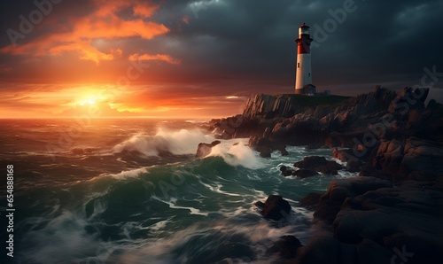 view of rocky seafront with lighthouse, ai generative