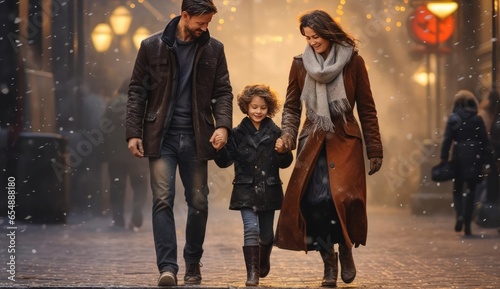 Family Christmas walk through the streets